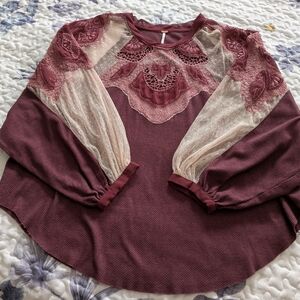 Free People Oversized Lace Detail Women's Top in Burgundy and Cream